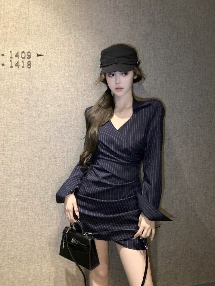 BY31058# 法式条纹v领...