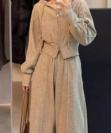 한 부서 슈퍼 화재 캐주얼 스포츠 슈트 여성 가을 새로운 패션 오픈 가디건 후드 맨위 와이드 레그 팬츠 투피스 세트 트렌디