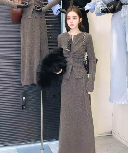 패션 세트 여성 가을 한 부서 동대문 주름 허리 수축 몸매 가꾸기 V넥 오픈 가디건 맨위 반신 스커트 투피스 세트