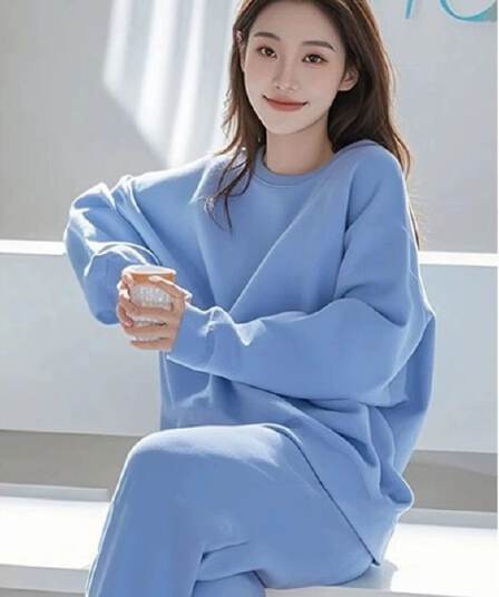동대문 고급 센스 한 부서 전체 집합 봄 가을 캐주얼 루즈핏 단색 라운드 넥 후드티 와이드 레그 팬츠 투피스 세트