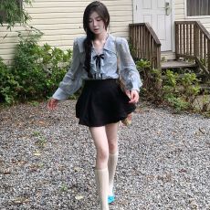 批发法式荷叶边蓝色<b class='q'>衬衫</b>女2026秋季韩系设计感百搭休闲<b class='q'>长袖</b>蝴蝶结上衣