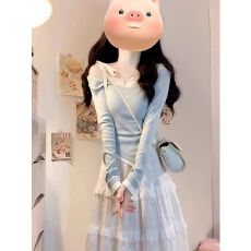 批发法式纯欲温柔<b class='q'>不规则</b>假两件T恤上衣女气质白色<b class='q'>半身裙</b>蛋糕裙秋冬季