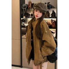 批发美拉德复古棕色机车麂皮外套女<b class='q'>春</b>季高级感宽松翻领廓形感夹克上衣