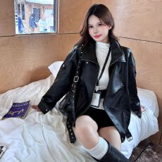 批发黑色皮衣外套女2026<b class='q'>春</b>秋新款酷飒风宽松慵懒美式重工pu机车皮夹克