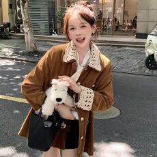 批发原版有内里 高级超好看复古大衣美拉德<b class='q'>蕾丝拼接</b>麂皮绒风衣外套女