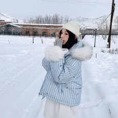 韩系东大门2026新款韩版时尚设计感条纹蝴蝶结保暖连帽棉服外套