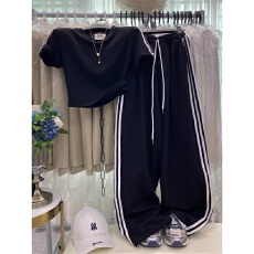 批发美式宽松休闲<b class='q'>运动</b>裤阔腿裤<b class='q'>两件</b>套洋气时尚正肩修身短袖T恤套装<b class='q'>女</b>