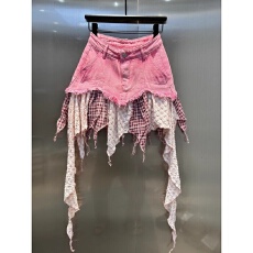 批发INS减龄小清新甜酷风格子拼接粉色牛仔<b class='q'>短裙</b>2026年<b class='q'>夏季</b>新款半身裙