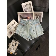 批发工装风双拉链多口袋<b class='q'>牛仔</b><b class='q'>短裤</b>女夏高腰显瘦辣妹A字热裤