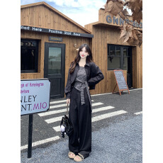 批发实拍大妈2026春季新品格子吊带衬衣牛仔外套休闲阔腿裤慵懒三件套