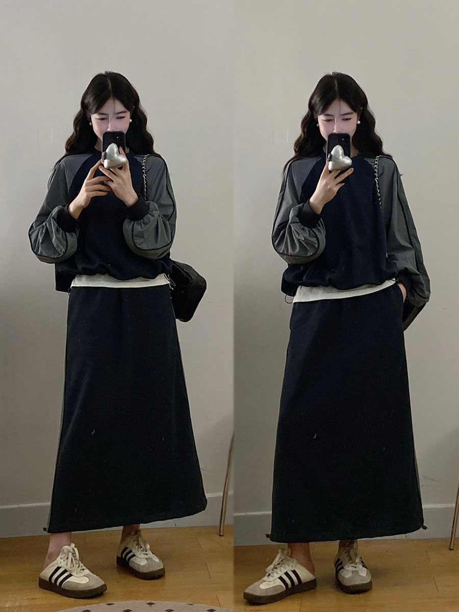 실사 빅 사이즈 2026 봄 새로운 운동 캐주얼 루즈핏 배색 후드티 펌프 로프 반신 스커트 투피스 세트