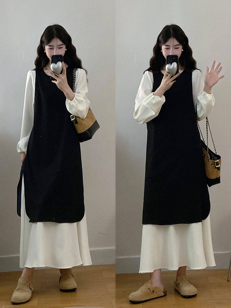 실사 빅 사이즈 2026 봄 루즈핏 슬림해 보이는 중간 길이 미니멀리즘 배색 패치워크 베스트 드레스 투피스 세트