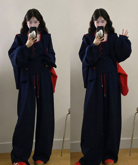 실사 2026 빅 사이즈 새로운 느슨함 센스 느긋한 바람 패치워크 색상 캐주얼 재킷 조끼 와이드 레그 팬츠 3종 세트