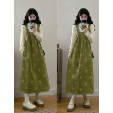 批发实拍 <b class='q'>大码</b>秋冬新款法式复古休闲刺绣背带连衣裙+蕾丝<b class='q'>打底衫</b>两件套