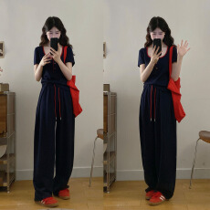 批发实拍 大码女装夏季新款松弛慵懒风显瘦拼色短袖上衣+阔腿裤两件套