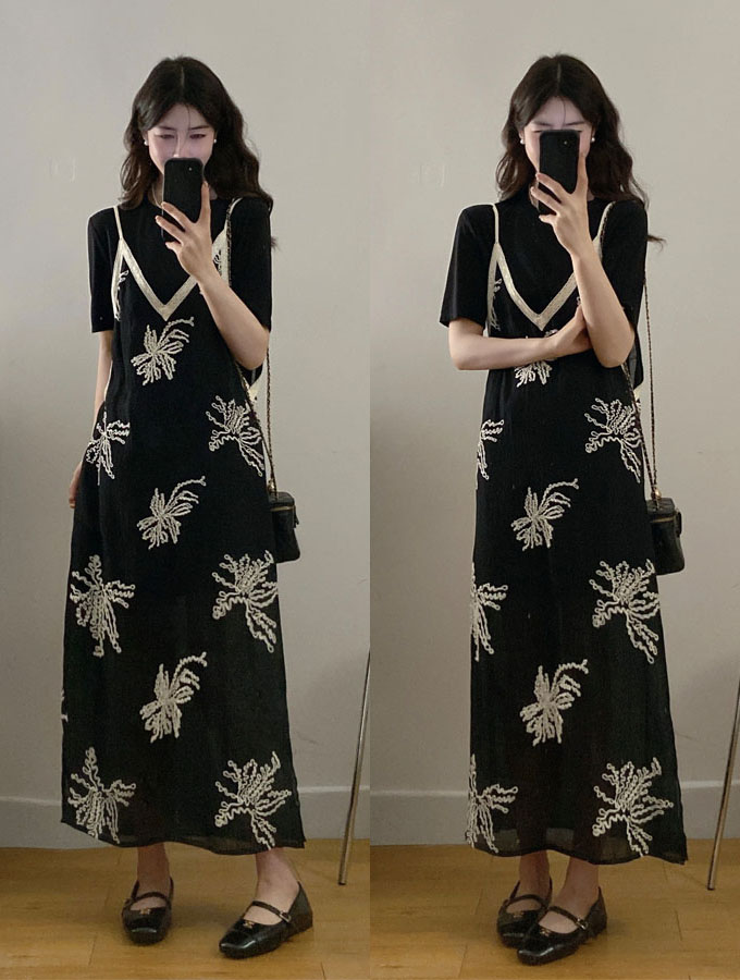 실사 빅 사이즈 여름 새로운 한 부서 패션 루즈핏 미니멀리즘 반팔 롱 스커트 자수 슬립 점프 슈트 치마 세트
