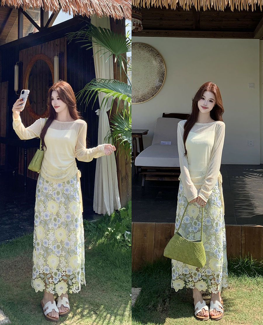 실사 빅 사이즈 꿈 딜 꽃 그림자 여름 새로운 신선함 문예 바람 품격 후아 벤 반신 스커트 3종 세트