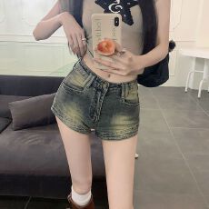 批发弹力高腰修身<b class='q'>牛仔</b><b class='q'>短裤</b>女夏季外穿做旧复古打底紧身直筒包臀热裤子