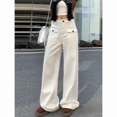 批发休闲工装直筒裤子白色翻盖口袋阔腿牛仔裤女<b class='q'>秋</b>冬新款高腰显瘦宽松