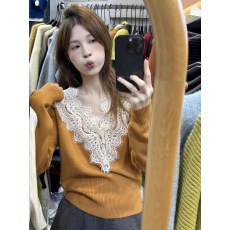 批发韩版修身显瘦娃娃领<b class='q'>蕾丝</b>拼接花边气质小女人针织衫毛衫上衣小衫潮