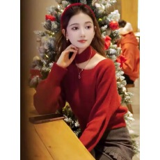 批发圣诞新年红色毛衣女2025秋<b class='q'>冬</b>季新款加厚设计感挂脖软糯针织衫上衣