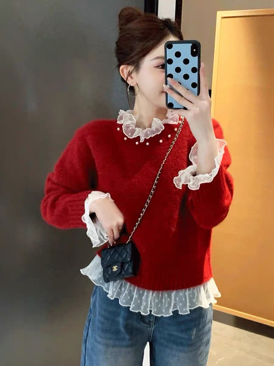 MY16791# 巨好看钉珠蕾丝拼接毛衣新款秋冬独特漂亮高级感内搭上衣女女...