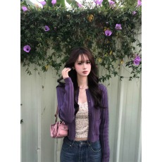 批发韩系复古拼接紫色针织<b class='q'>开衫</b><b class='q'>女</b>春秋修身显瘦百搭时尚辣妹上衣外套