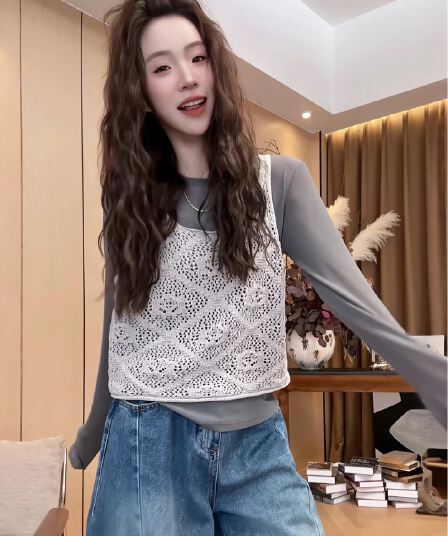 프랑스식 홀로우 아웃 자수 회색 니트 캐미솔 봄 여름 새로운 외부 가져 가라. 스택 착용 민소매 맨위