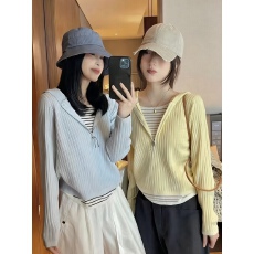 批发轻简连帽半拉链<b class='q'>条纹</b>撞色拼接假两件设计感软糯修身休闲长袖<b class='q'>针织衫</b>