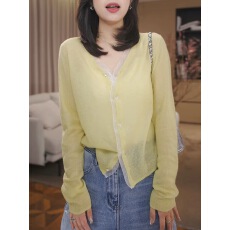 批发黄色竹节麻针织开衫女春夏薄款罩衫2026新款韩系宽松外搭<b class='q'>长袖</b>上衣