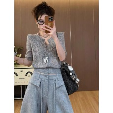 批发老钱风灰色气质<b class='q'>镂空</b>针织衫女装2026春夏新款薄款修身显瘦百搭上衣