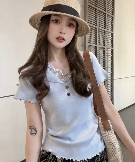 봄 새로운 순수한 욕망 바람 루즈핏 슬림해 보이는 반팔 풀오버 맨위 여성 폴로 칼라 패치워크 레이스 니트 스웨터