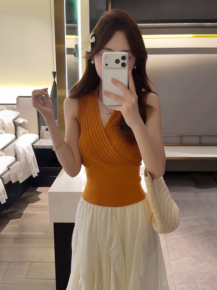 있음 도착 봄 여름 새로운 휴가 바람 품격 미니멀리즘 십자가 V넥 니트 몸매 가꾸기 민소매 조끼