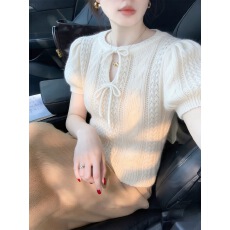 批发奶白色蝴蝶结系带镂空针织短袖T恤女2026夏季法式小资温柔风上衣