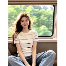 韩系甜美多巴胺条纹圆领短袖t恤女2026夏季新款百搭修身针织上衣