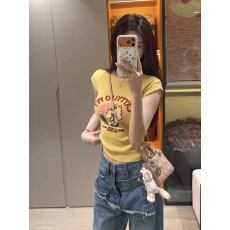 批发多巴胺穿搭猫咪印花黄色正肩冰丝针织<b class='q'>短袖</b>T恤女夏季<b class='q'>修身</b>短款上衣