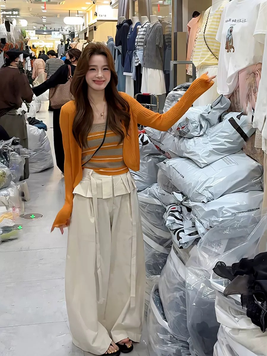 여름 ootd 착용 가져 가라. 2026 새로운 한 부서 순수한 욕망 스트라이프 슬립 맨위 여성 얇은 스타일 자외선 차단 오픈 가디건 투피스 세트