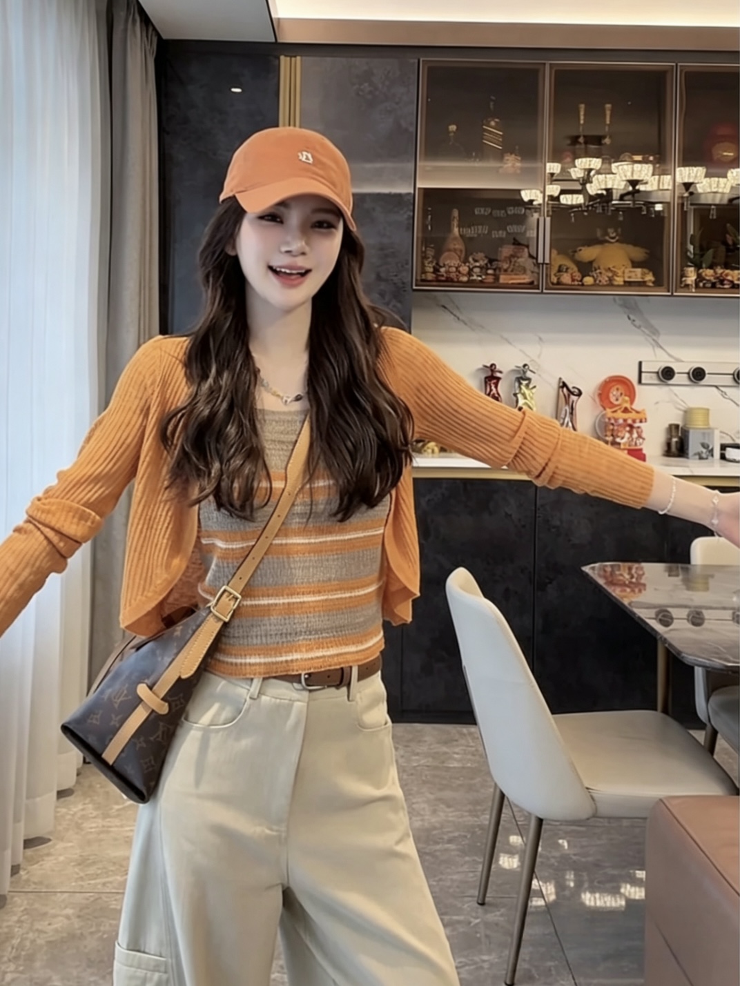 주황색 소다 여름 차가운 센스 대나무 마디 얼음 실크 슬립 오픈 가디건 투피스 세트