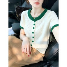 批发韩系撞色木耳边菱格<b class='q'>镂空</b>冰丝<b class='q'>针织衫</b>短袖T恤女夏新款温柔显瘦上衣