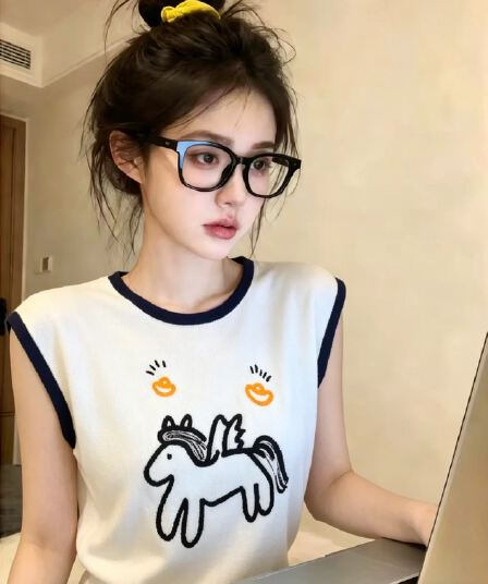 한 부서 만화 자카드 Feifei 소매 짠 셔츠 여성 여름 새로운 느긋한 바람 다용도 맨위