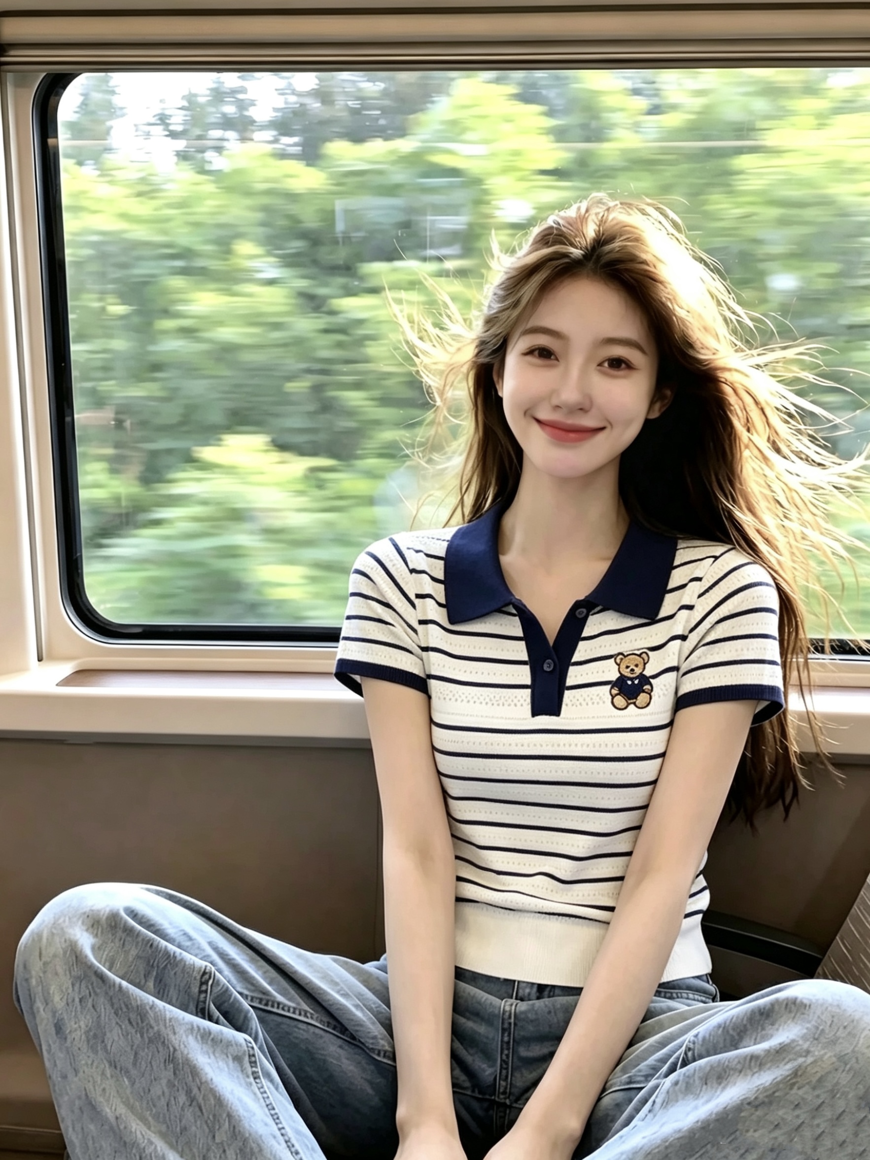 한 부서 chic 배색 스트라이프 작은 곰 자수 POLO 칼라 반팔 티셔츠 여성 봄 여름 새로운 얼음 실크 니트 맨위
