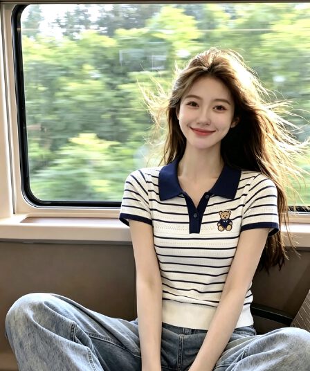 한 부서 chic 배색 스트라이프 작은 곰 자수 POLO 칼라 반팔 티셔츠 여성 봄 여름 새로운 얼음 실크 니트 맨위