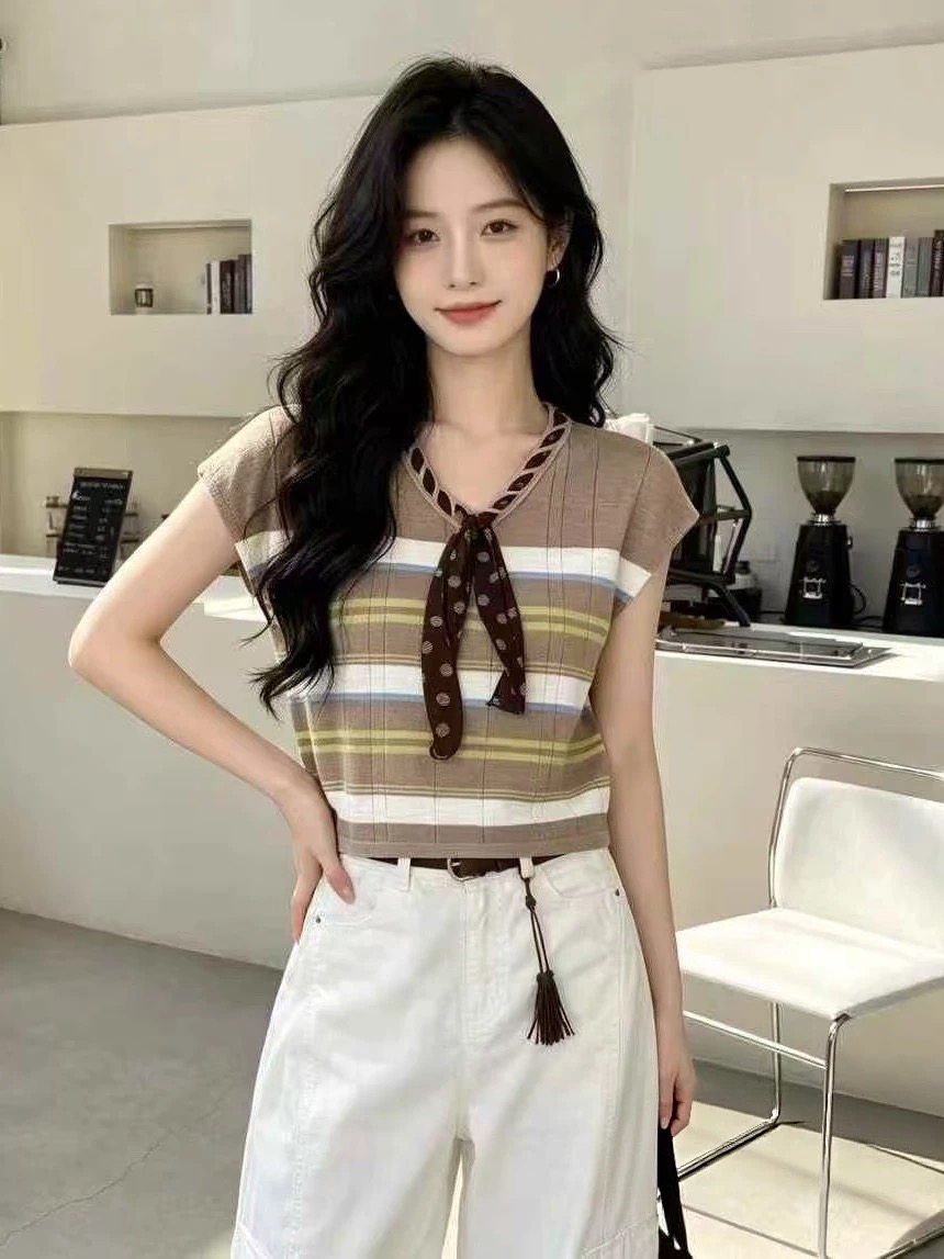 레트로 패션 스트라이프 V넥 스카프 레이스업 니트 스웨터 여성 여름 얇은 스타일 외국 가스 민소매 스택 착용 조끼 맨위