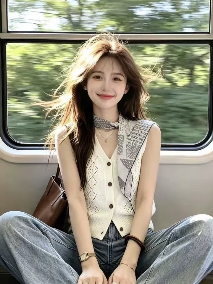 한 부서 고급 센스 경기 스카프 V넥 니트 조끼 여자 여름 홀로우 아웃 Chic 민소매 맨위