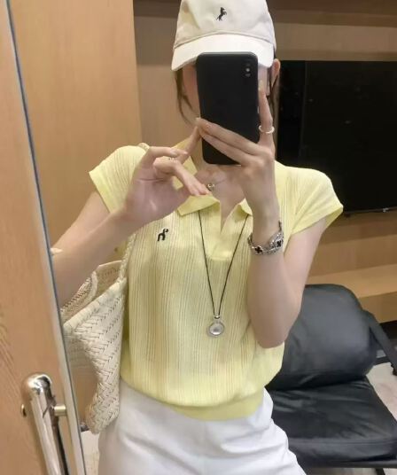 자수 POLO 셔츠 폴로 칼라 긍정적 인 어깨 얼음 실크 니트 반팔 티셔츠 여성 여름 고유 한 아름다운 다용도 슬림해 보이는 맨위