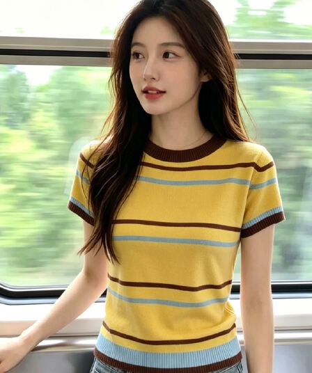 한국 스타일 레트로 스트라이프 배색 반팔 니트 스웨터 여성 여름 새로운 라운드 넥 다용도 패션 Chic 연령 감소 맨위
