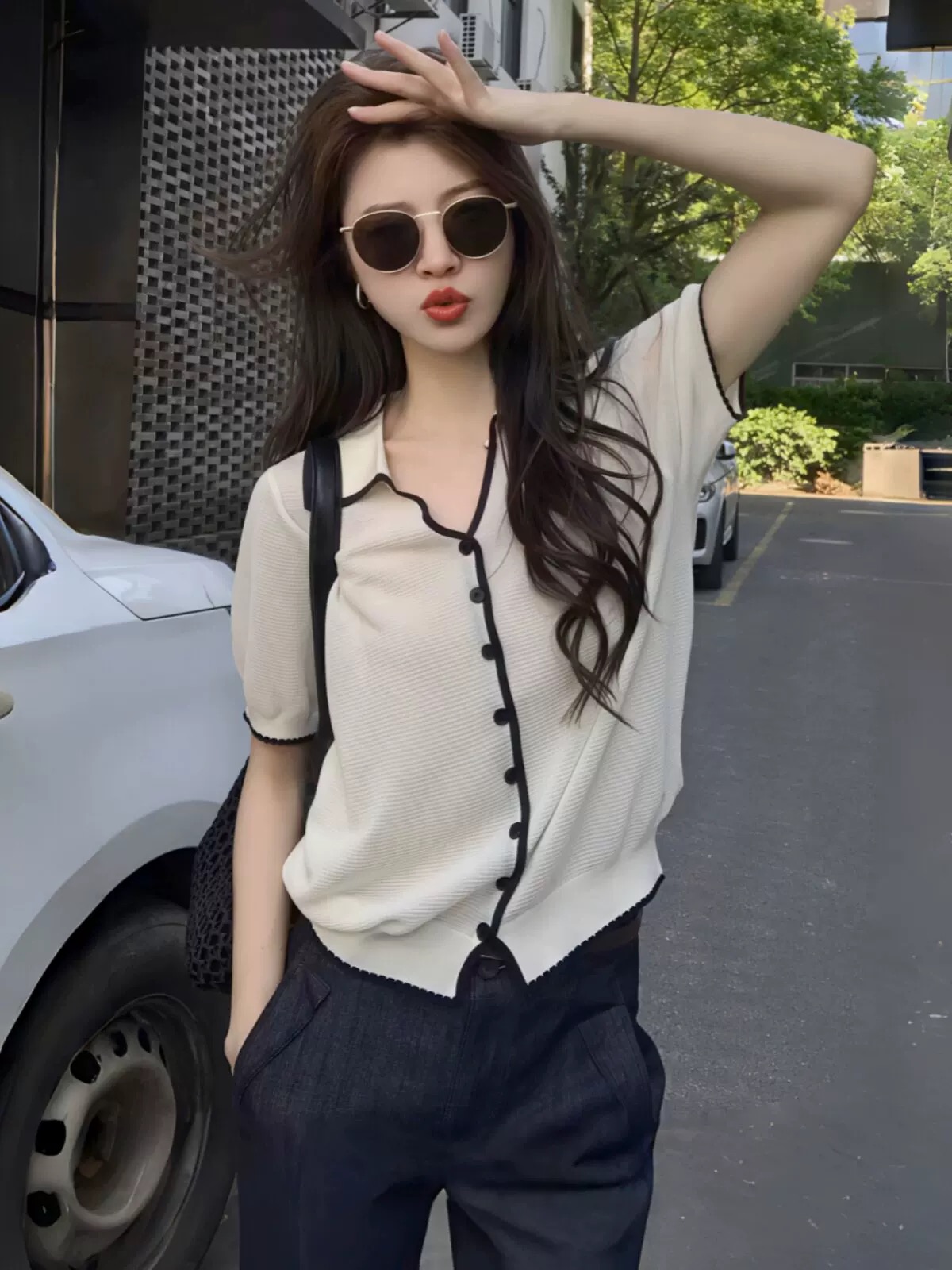 한 부서 착용 가져 가라. 배색 측면 폴로 칼라 반팔 니트 오픈 가디건 여성 여름 루즈핏 느긋한 느슨함 센스 품격 맨위 얇은