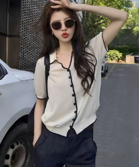 한 부서 착용 가져 가라. 배색 측면 폴로 칼라 반팔 니트 오픈 가디건 여성 여름 루즈핏 느긋한 느슨함 센스 품격 맨위 얇은