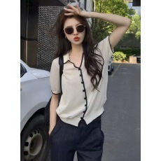 批发韩系穿搭撞色边翻领短袖针织<b class='q'>开衫</b><b class='q'>女</b>夏季宽松慵懒松弛感气质上衣薄