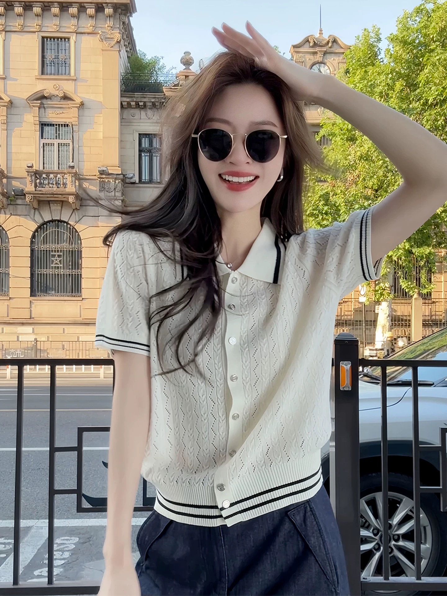 한 부서 POLO 칼라 화이트 스트라이프 니트 반팔 티셔츠 여성 여름 고급 센스 품격 다용도 홀로우 아웃 작은 맨위